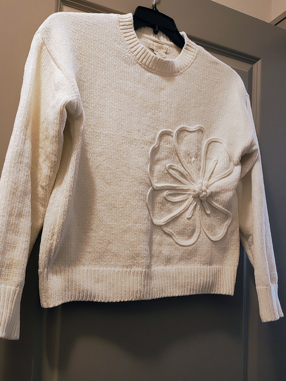 Cynthia Rowley Cream Crewneck Sweater with 3D Flower